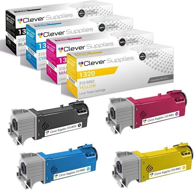 CS Replacement Toner Cartridge Compatible with Dell 1320 310-9058 Black 310-9060 Cyan 310-9062 Yellow 310-9064 Magenta 1320 1320c 2000 Each Page Yield 4 Color Set