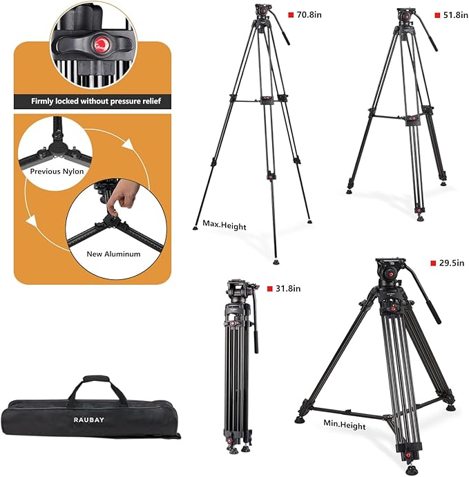 RAUBAY 70.8" Professional Heavy Duty Video Camera Tripod with Fluid Head, QR Plate for DSLR Camcorder, Max Loading 17.6lbs, Aluminum Twin Tube Leg with Metal Mid-Level Spreader DV-1 PRO