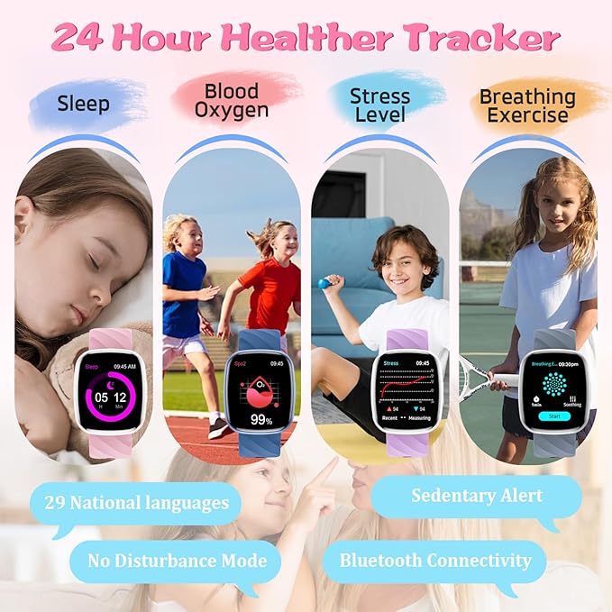 Smart Watch for Kids Fitness Activity Tracker for Boys Girls, Waterproof, Puzzle Games, Alarm Music, Sport Mode, Heart Rate, Sleep, Pedometer, Children Smartwatch Birthday Gift for Teens, Pink