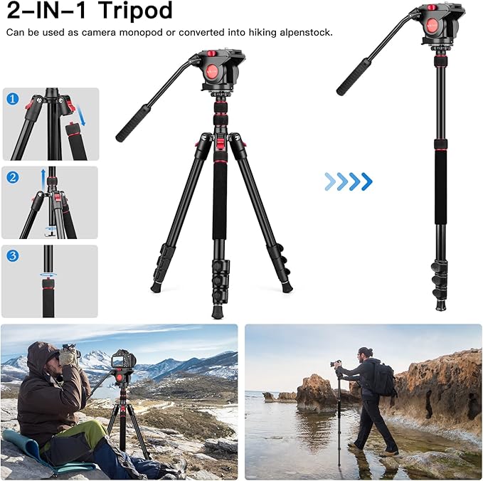 Victiv Camera Tripod, 72" Video Tripod with Fluid Head, Aluminum Heavy Duty Tripod with Carry Bag, Professional Camera Tripods & Monopods, Compatible with Canon, Sony, DSLR, Camcorder