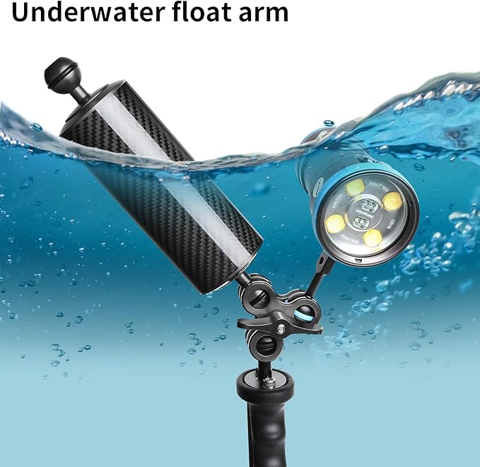 Black 8" Carbon Fiber Underwater Float Arm (2-Pack) - Ultralight Dual 1" Ball Buoyancy System for Diving Tray Video Lights & Strobes
