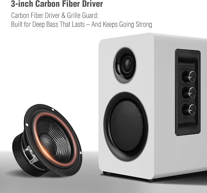 Computer Speakers for Desktop PC, Active Bookshelf Speaker with 3‘’ Carbon Fiber Woofer and Silk Film Tweeter ,Supports Bluetooth 5.3, USB-C, AUX/RCA Input for Record Player TV - White Stereo Set