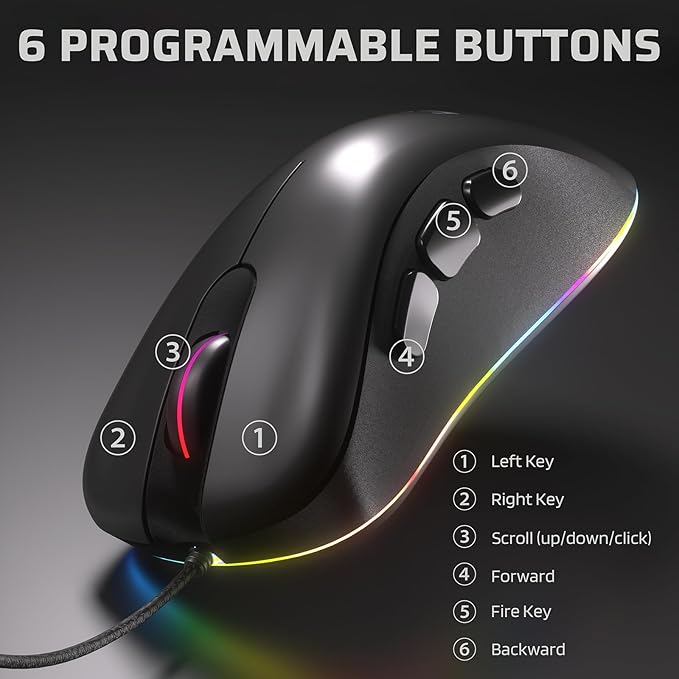 LTC GM-031 Wired Gaming Mouse, 7200 DPI Adjustable, 6 Programmable Macro Buttons, 4 RGB Backlit Mode, Ergonomic Shape, Software Support for Customization, Black