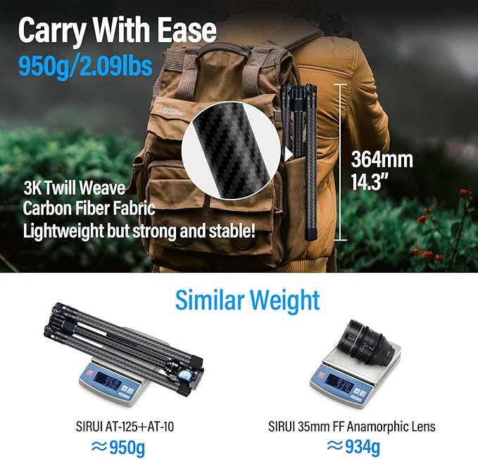 SIRUI Carbon Fiber Tripod Lightweight 2lbs with Panoramic Fluid Head, 59.8” Compact Camera Tripod Quick Release Leg Setup, Reversible Center Column, Reverse Folding Legs, Max Load 11lbs - Traveler X