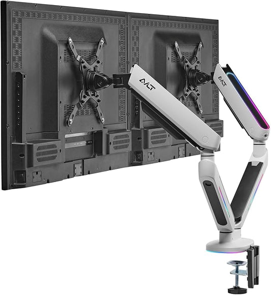 AVLT Dual 27”-43” RGB Gaming Monitor Arm Desk Mount Built-in 20 Lighting Modes Touch Button Control Fits Flat/Curved/Ultrawide Screen Height Swivel Tilt Rotation Adjustable Stand -White