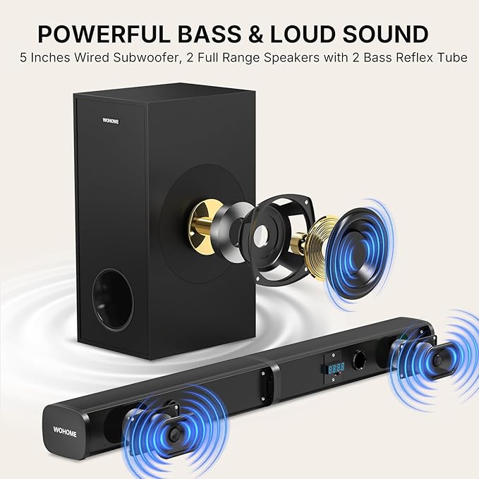 Wohome 2.1 Sound Bar for Smart TV with 5 Inches Wired Subwoofer, 140W, 2 in 1 Detachable Soundbar with RGB-IC Backlight, Bluetooth 5.3, Optical, AUX, USB Input, Bass Adjustable, Remote/Button Control
