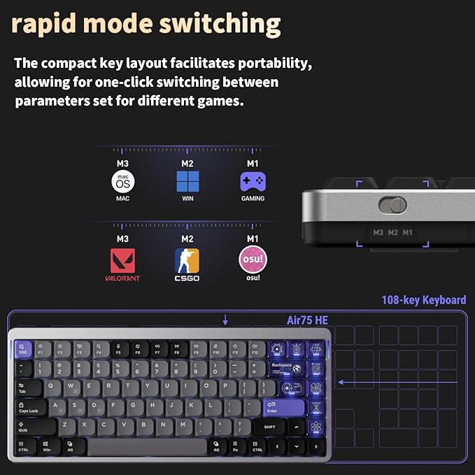 nuphy Air75 HE Rapid Trigger Wired Custom Magnetic Gaming Keyboard,RGB HotSwap, 84 Keys 75% Layout Adjustable Actuation Esports Low Profile Keyboard, Hall Effect Keyboard(Magnetic Jade Pro Switch)