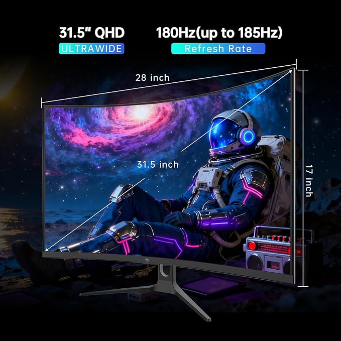 KTC 32 Inch Curved Gaming Monitor, 2K 180Hz Computer Monitor, Up to 185Hz, QHD 1500R PC Monitor 1ms with Adaptive Sync, DisplayPort/HDMI/USB, VESA Wall Mount, Tilt Adjustable, H32S5