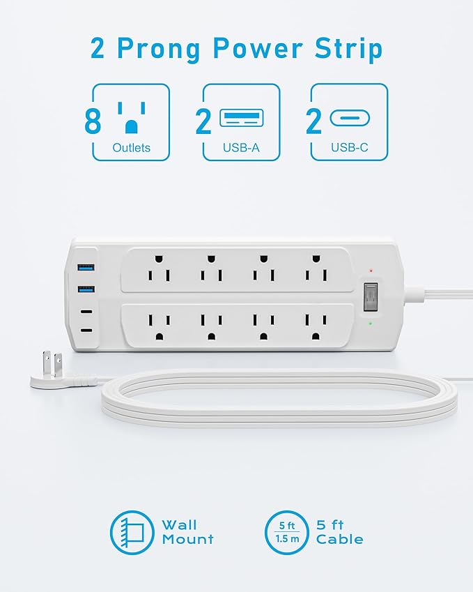 2 Prong Power Strip, Yozisital 2 Prong to 3 Prong Outlet Adapter, 5FT Flat Plug Extension Cord with 8 Outlets 4 USB Ports(2 USB C), Wall Mountable Surge Protector, Ideal for Non-Grounded Outlets