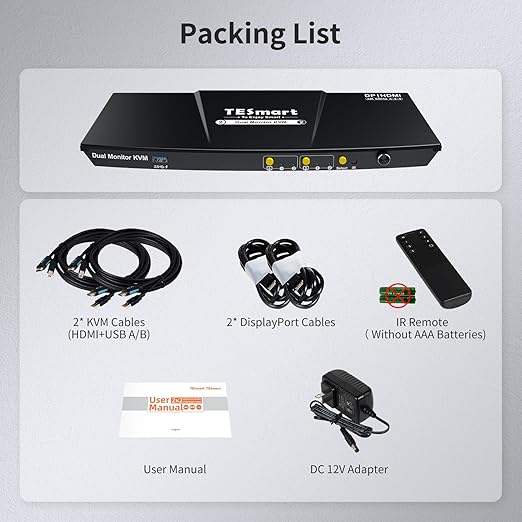 TESmart USB 3.0 DisplayPort + HDMI KVM Switch 2 Monitors 2 Computers 4K@60Hz, Dual Monitor KVM Switch 2 Port Extended Display, EDID Emulators, Headset, Hotkey Switch, Button Switch with All Cables