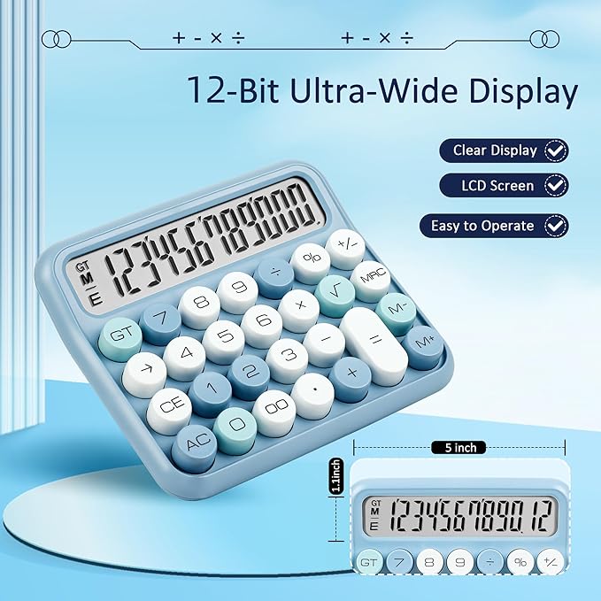 VEWINGL Mechanical Switch Calculator, 12 Digit Large LCD Display and Buttons, Great for Everyday Life and Basic Office Work, with Battery