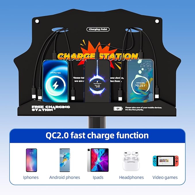 Wall Mounted Cell Phone Charging Station with 8-Port High-Speed Cables – Universal Dock for Apple, Type-C & Android Devices – Ideal for Airports, Hotels, Malls, Offices, Schools (Black)