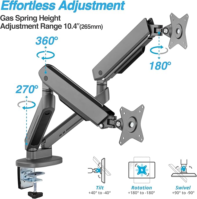 AVLT Dual 27”-43” RGB Gaming Monitor Arm Desk Mount Built-in 20 Lighting Modes Touch Button Control Fits Flat/Curved/Ultrawide Screen Height Swivel Tilt Rotation Adjustable Monitor Stand -Dark Gray