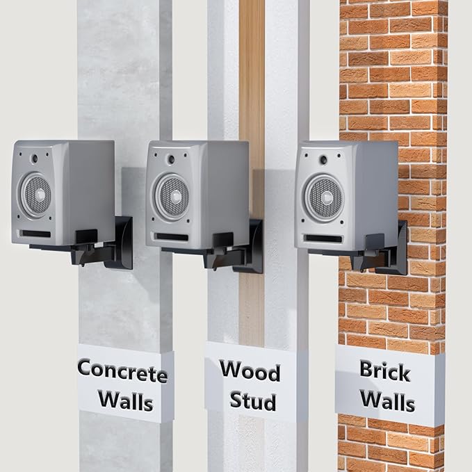 WALI Speaker Wall Mounts, Dual Side Clamping Bookshelf Mounting Bracket for Large Surrounding Sound Speakers, Hold up to 55 lbs. (SWM201), 1 Pair, Black