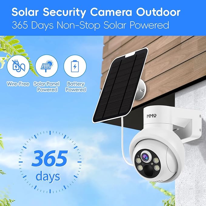 MMQ Solar Security Cameras Wireless Outdoor, 4MP PTZ Powered Security Cameras for Home, Security Camera Outside with PIR Motion Detection, Color Night Vision, Two Way Audio, Compatible with Alexa
