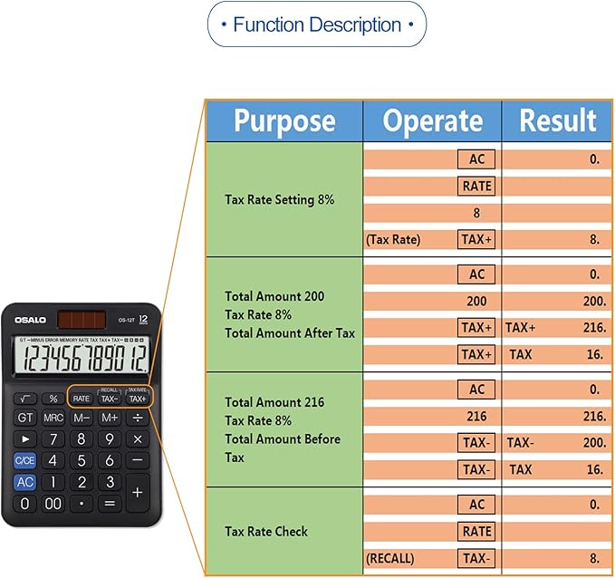 Pocket Small Size Desk Calculator, 12 Digit Large LCD Display, Basic Tax Function Handheld Desktop Calculator with Solar Battery Dual Power, Perfect for Office, School, Business OS-12T (Black)