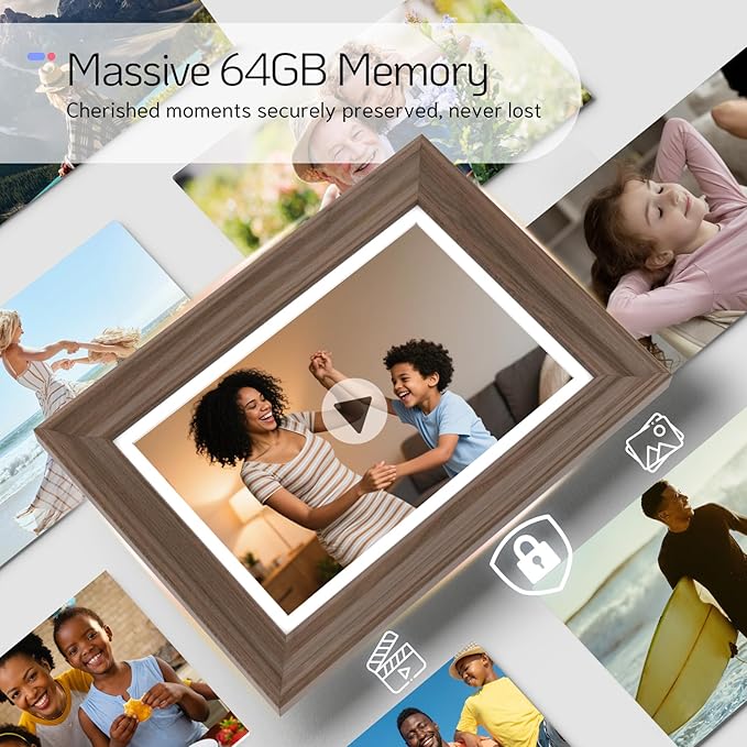 NexFoto 10.1 Inch Wood Digital Picture Frame Touchscreen, HD 1280x800 64GB WiFi Digital Frame, Add Photos from Google Photos, Share Videos via App/USB/Micro SD, Gift for Mom/Birthday (Walnut)