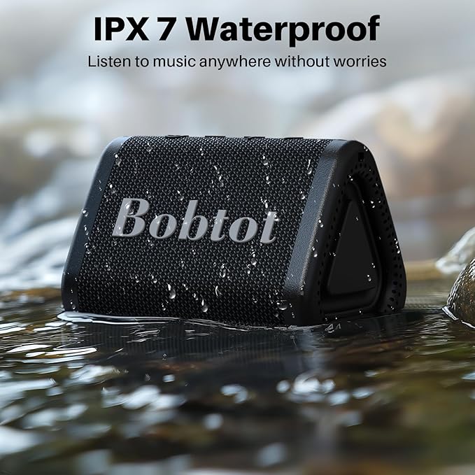Bobtot Portable Bluetooth Speaker Wireless, IPX7 Small Shower Speaker Waterproof, 15H Playing Time, Loud and Stereo Sound with Bass, TWS Pairing for Party, Camping, Travel, Black