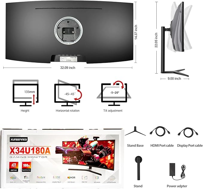 34 Inch Curved Monitor with Speaker, 180Hz UWQHD 3440x1440 Ultrawide Curved Gaming Monitor Split Screen, 4000：1 Contrast, sRGB 126%, FreeSync & G-SYNC, HDMI, DisplayPort, VESA, Height/Tilt/Swivel