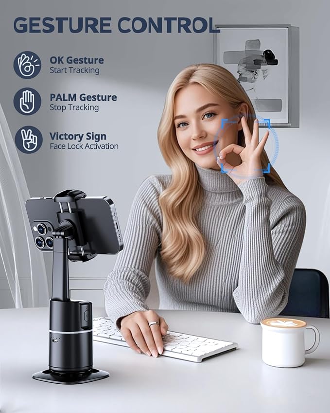 UBeesize Auto Face Tracking Tripod with Adjustable Desk Tripod, 360° Rotating vlogging kit for iPhone with Remote & Gesture Control, Rechargeable Selfie Fill Light, No App Required