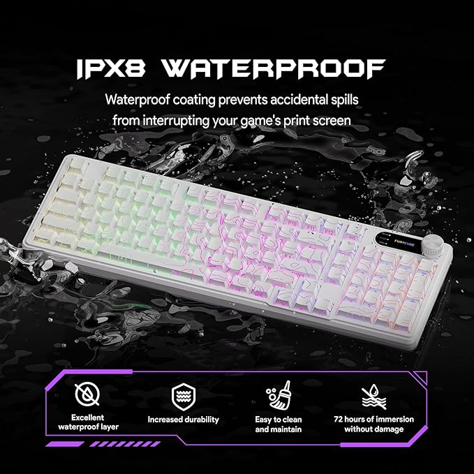 IP98 Gaming Keyboard - Wired Keyboard with RGB Backlighting, IPX8 Water Resistance, and Side Printed PBT Translucent Keycaps, Suitable for Gaming or Work (Line White)