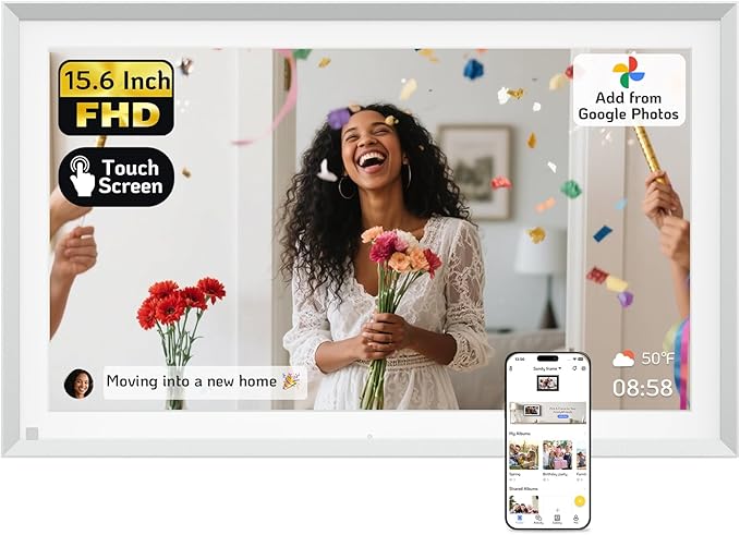 NexFoto 15.6 Inch Touchscreen Digital Picture Frame 64GB, FHD IPS WiFi Digital Photo Frame, Add Photos from Google Photos, Upload Videos via App/USB, Gifts for Newlywed, Wedding, Housewarming, Silver