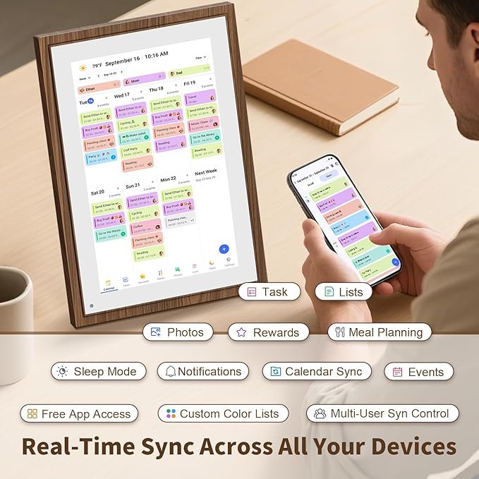 10.1 Inch Digital Calendar Chore Chart with Touchscreen - Full HD Interactive Display, Wall & Desk Mountable Family Planner, To-Do List & Meal Planner, Digital Picture Frame for Sharing Photos via App