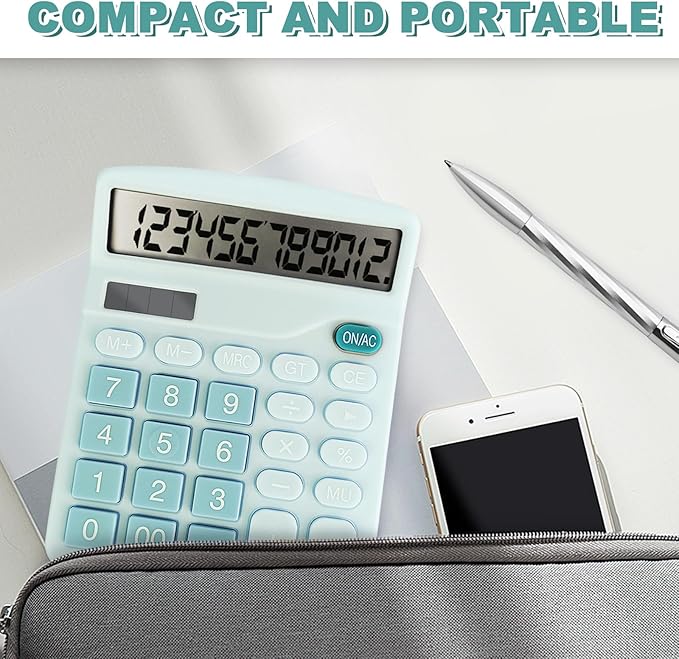 Basic Calculator with Comfortable Large LCD Display, 12 Digits Calculators Desktop, Tilt Screen, Big Button, Desk Calculator with Dual Power (Solar & Battery Included) (Blue)