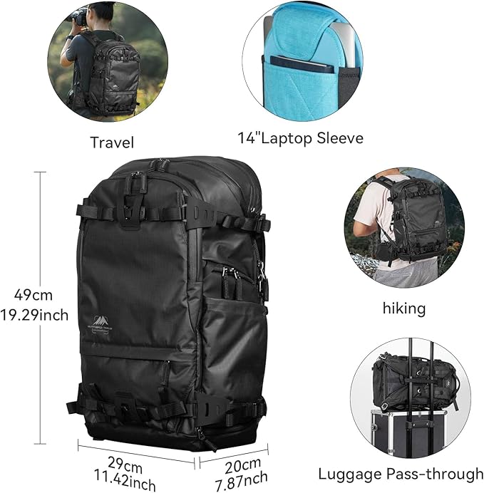 Tenzing 25L Camera Backpack with Rain Cover for Photographers 14 inch Laptop Compartment Waterproof Large Camera Bag for Drone,Cameras, Batteries, Lenses,Tripod(Black)