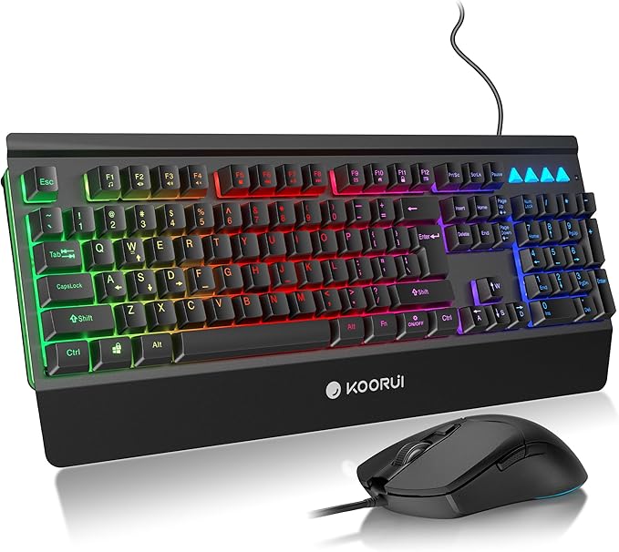 KOORUI Wired 104 Keys Gaming Keyboard and Mouse Combo,Rainbow Backlit Quiet Computer Keyboard, Light Up Keyboard with All-Metal Panels & 3200 DPI Mouse for Window PC Gamers-Black