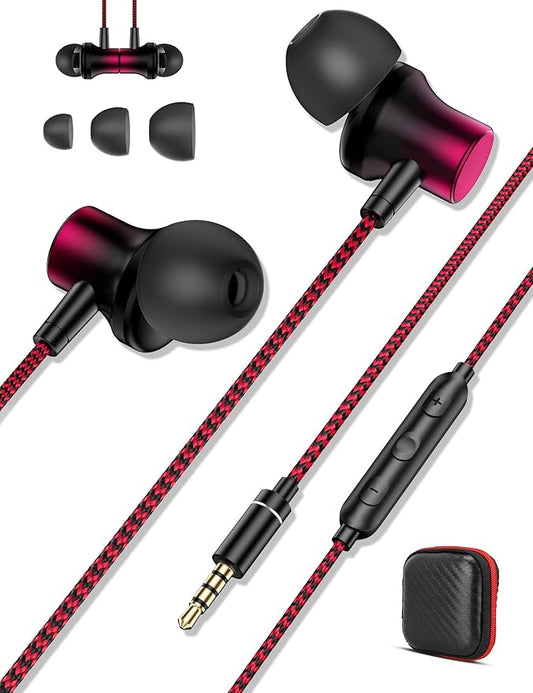 Jiunai Wired Earbuds Mic 3.5 mm Jack in Ear Wired Earphone Magnetic Snap Noise Isolated Corded Ear Bud for iPhone Galaxy A15 A25 iPad Surface Fire CD Player Radio Travel Essential Gradient Black Red