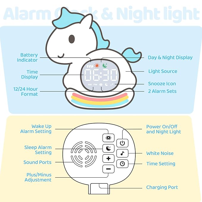 Alarm Clock with Night Light for Kids with Sleep Training and Sound Machine, Rechargeable Silicone Lamp OK to Wake Clock，Cute Animal Tabletop Lamp, Perfect Sleep Companion for Boys Girls，Blue Pony