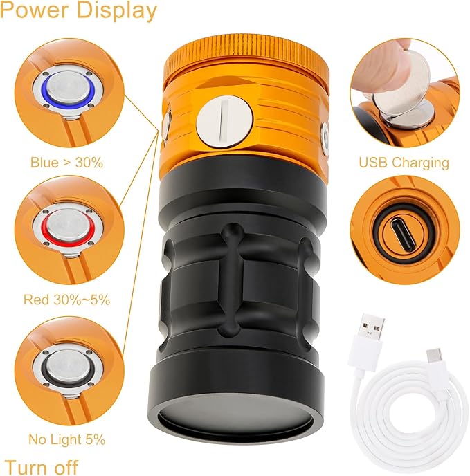 Diving Light for Underwater Photography, DVF01 25000 Lumens, 100m Underwater Video Light, Aluminum Alloy Diving Flashlight with Type-C Charging Waterproof Flashlight for Photography