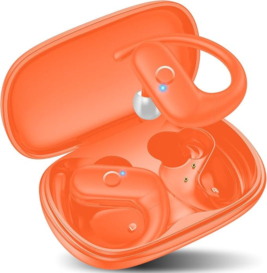 kurdene Wireless Earbuds Bluetooth Headphones Sport,Over Ear Buds with Deep Bass Sound,60Hrs Playtime Earphones Redesigned Comfort Fit with Earhooks for Running,Meeting,Workout-Orange