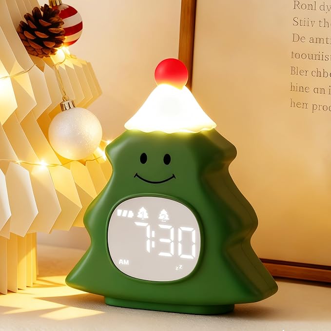 Yiliaw Kids Alarm Clock with Night Light, Christmas Tree Wake Up Clock, Rechargeable Cute Alarm Clock for Bedroom, for Boys and Girls, Green