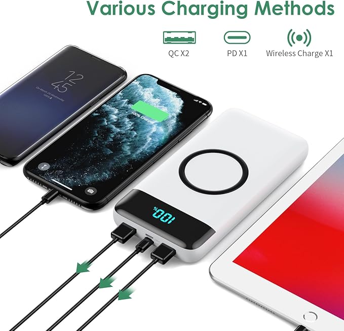Wireless Portable Charger 30,800mAh 15W Wireless Charging 25W PD QC4.0 Fast Charging Smart LED Display USB-C Power Bank,4 Output& 2 Input External Battery Pack Compatible with iPhone,Samsung etc-White