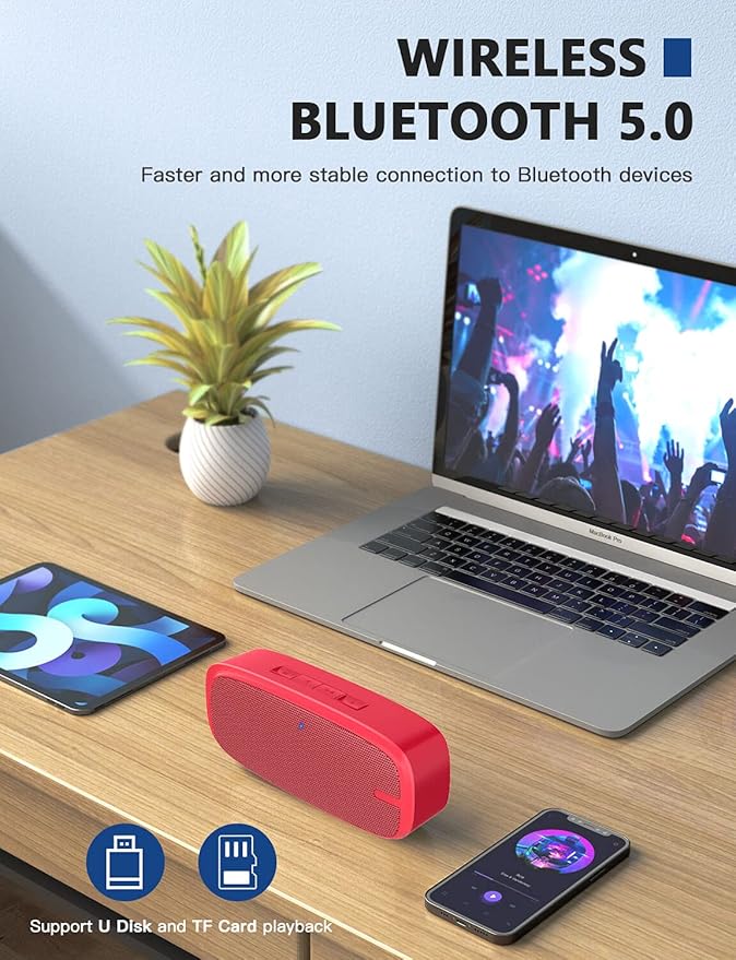 LENRUE Bluetooth Speaker, Wireless Portable Speaker with Loud Stereo Sound, Rich Bass, 12-Hour Playtime, Built-in Mic. Perfect for iPhone, Samsung and More (Red)