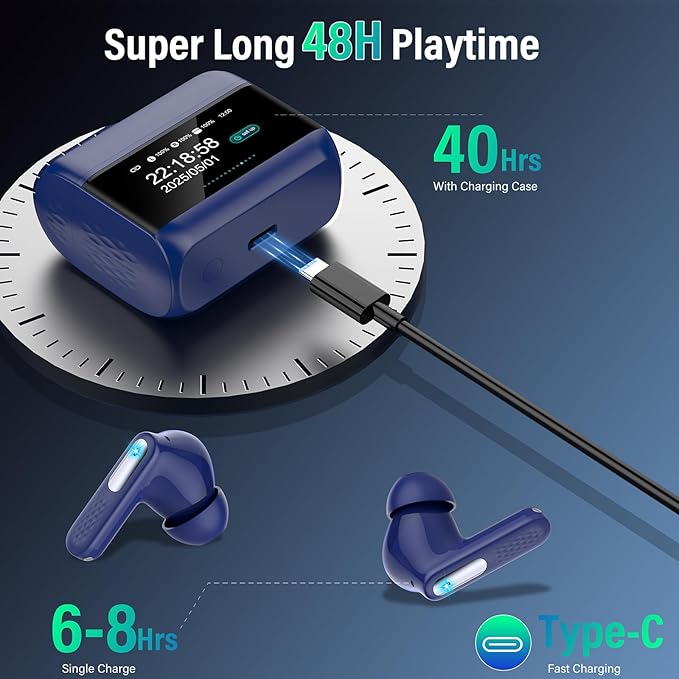 Wireless Earbuds, Bluetooth 5.4 Headphones with Multifunction Touch Screen, 48H Deep Bass Stereo Ear Buds, 5 EQ Modes, ANC/ENC Noise Cancelling, Transparency Mode, IPX7 Bluetooth Earbuds, Blue