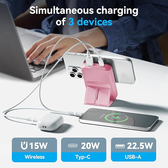 for Magsafe Battery Pack, 10000mAh Wireless Portable Charger with 20W USB-C Fast Charging, Foldable Stand & LED Display Magnetic Power Bank, Compatible with iPhone 16/15/14/13/12 All Series-Pink