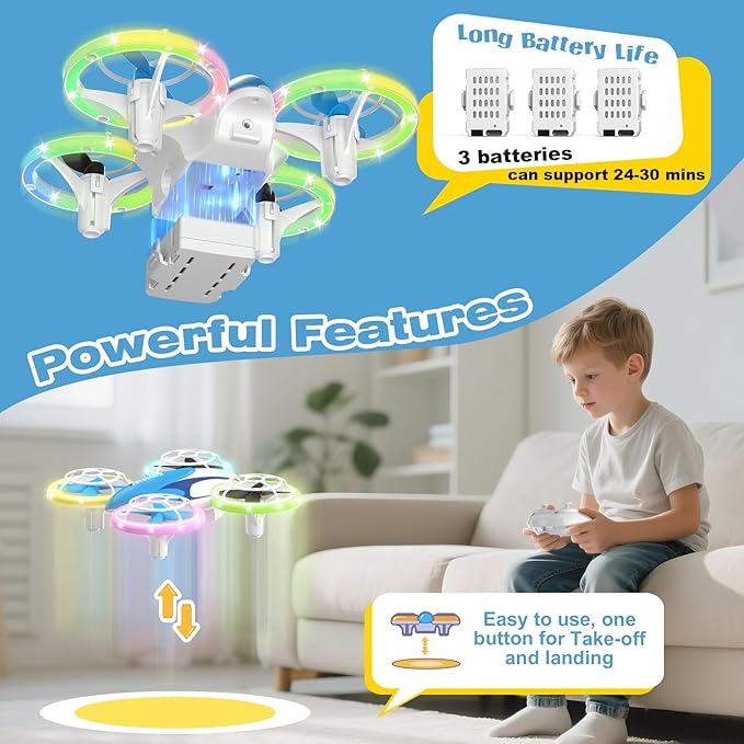 BlueFire Mini Drone for Kids Ages 6-12, RC Drone with Fancy LED Light Show, 360° Flips, Altitude Hold, One-Key Take Off/Landing, 3 Speed Modes, Propeller Protection, Indoor Outdoor Toy Gift for Boys & Girls