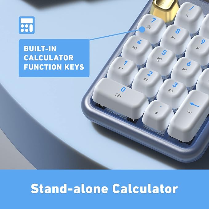 AZIO IZO Wireless Mechanical Calculator & Number Pad - Bluetooth 5.0 & USB, Gateron-Blue Mechanical Switch, 9 Backlight Modes, Rechargeable, PC & Mac Compatible, Blue Iris (IN105)