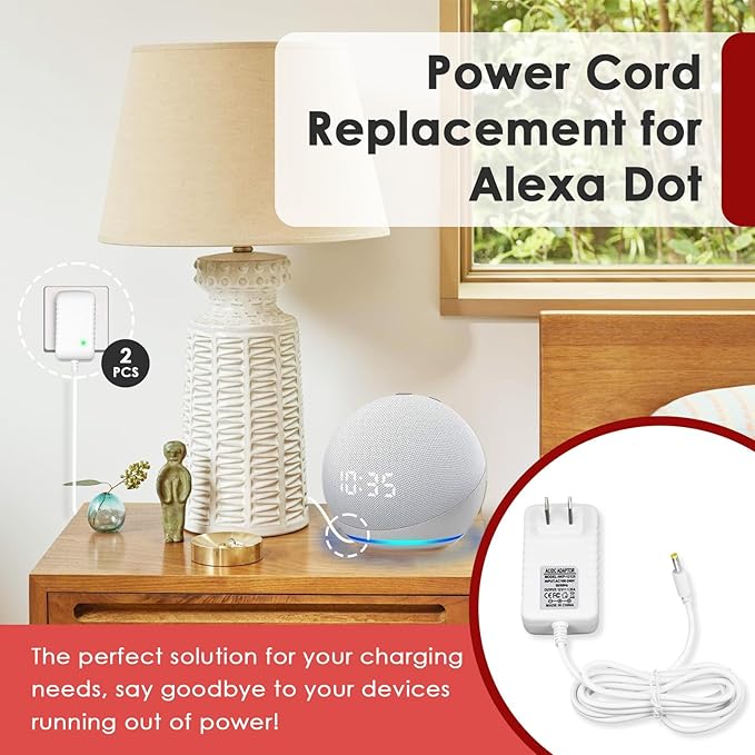 2 Pcs Power Cord for Alexa Dot 3rd / 4th / 5th Gen 2022, Echo Show White Charger Cable - 1.5M Long Power Adapter