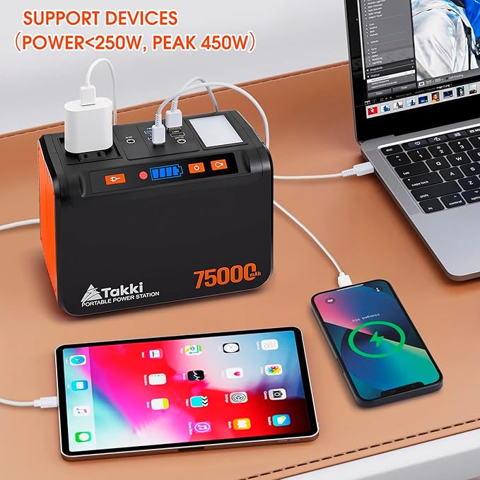 Takki Portable Power Station 277Wh, Camping Backup Lithium Battery, 110V/250W Pure Sine Wave AC Outlet, Solar Generator for CPAP Home Use Backup Emergency Camping