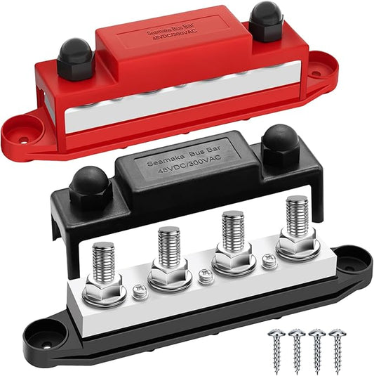 400A 12V Bus Bar Marine Power Distribution Block with Cover with 4 x 3/8”Post 3 x #8 Screws Terminals,Battery Bus Bar (Pair, Red & Black),Automotive Busbars 12 Volt for Car Boat Solar Wiring