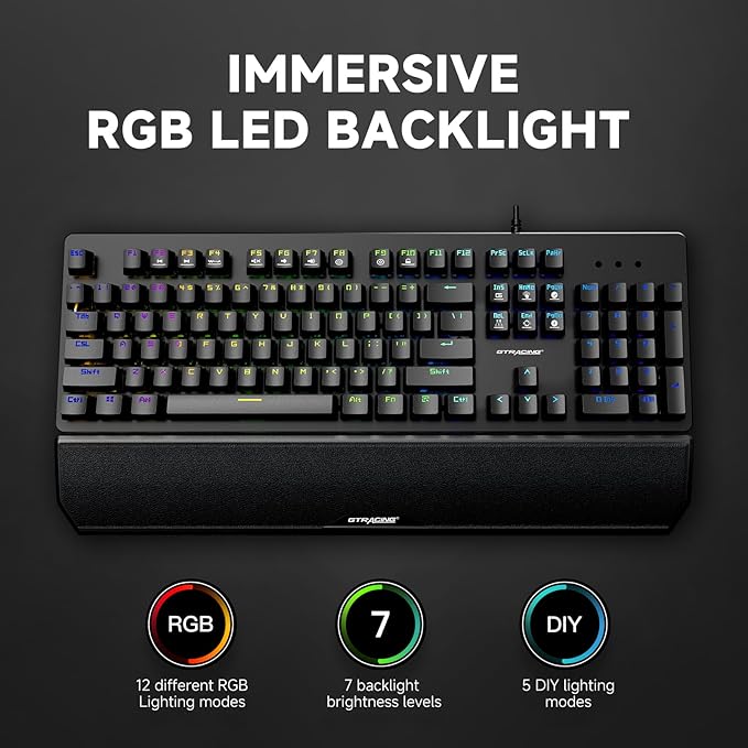 GTRACING Mechanical Gaming Keyboard Typewriter with Wrist Rest, RGB Lighting, Tactile Mechanical Switches, Programmable Macro Keys for Laptop MAC PC Gamer-Blue Switch