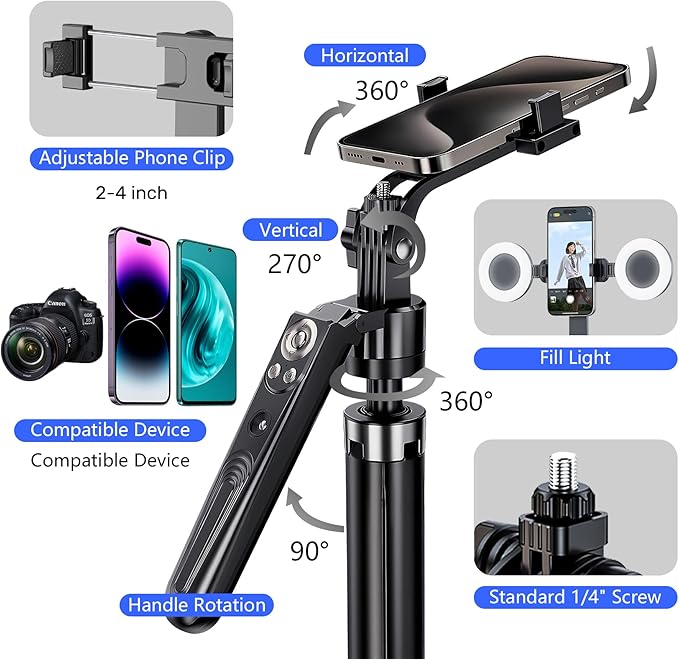 Auto Face Tracking Selfie Stick Tripod for iPhone with Light 70.9" Phone Camera Tripod Stand 360 Rotation Follows Your Movement with Wireless Remote for Content Creator Vlog Live Stream Video Record