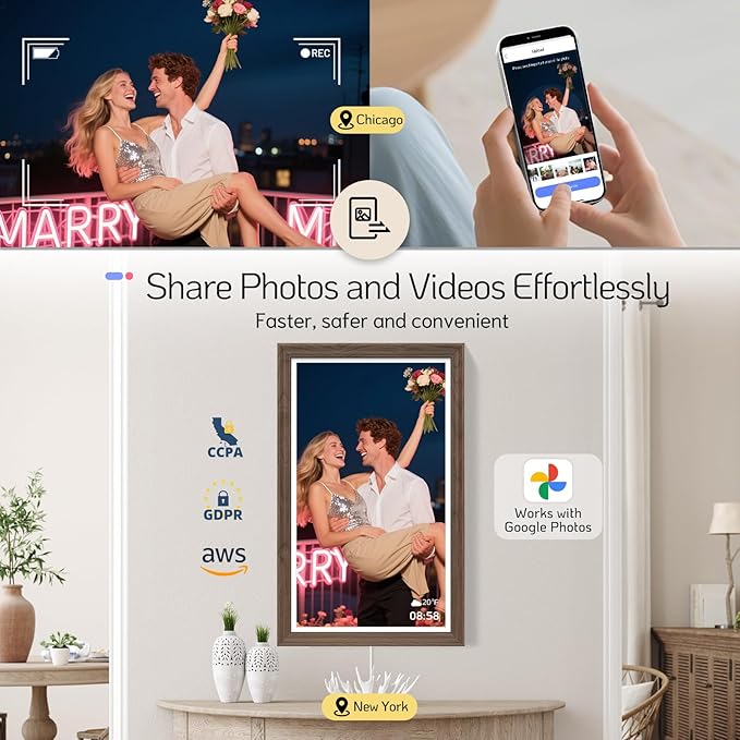 NexFoto Digital Picture Frame 27'' WiFi, FHD Touchscreen 1920 * 1080 with 64GB - Add Photos from Google Photos, Upload Videos, for Housewarming/Mom/Birthday (Walnut)