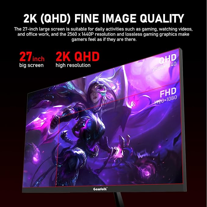 27 inch 2K QHD(2560×1440) PC Screen, 165Hz Gaming Monitor, 1ms Without Bezel, FreeSync,98% sRGB, 178° Wide Viewing Angle,Display 1.4、Port HDMI2.0, Wall Mount Compatible 75 * 75MM- Black