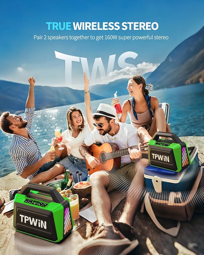 Bluetooth Speaker - 80W Loud Rugged Outdoor Speakers, IPX6 Waterproof, 20H Playtime, Deep Bass, Lightshow, TWS, BT 5.3 Wireless, Portable for Travel Hiking Camping Beach Pool - Green