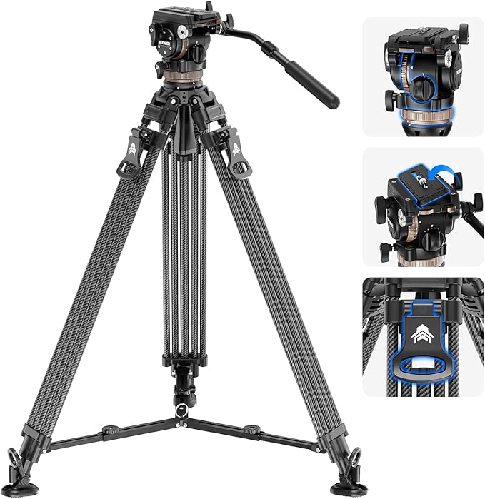 NEEWER 78" Carbon Fiber Video Tripod with Fluid Head, One Step Release Lock Tripod with 6 Level Dynamic Counterbalance, 4 Level Pan/Tilt Damping, Mid Spreader, Dual Mode QR Plate, Max Load 18lb, LL55